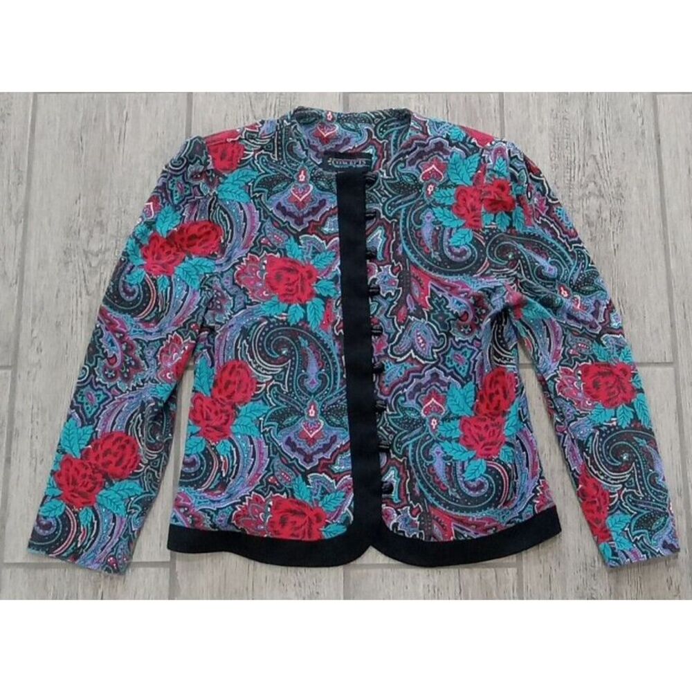 VTG Womens Floral All Over Print Button Up Long Sleeve Padded Shoulder Oriental